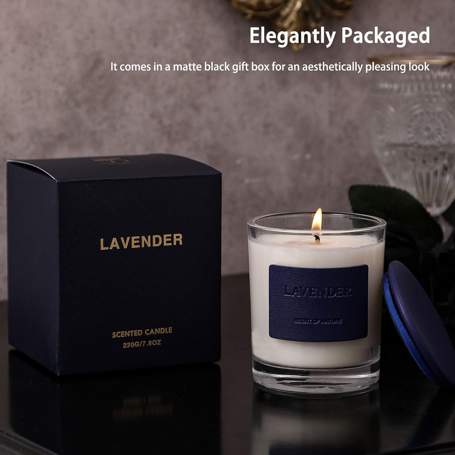 Candles, Premium Lavender | Highly Scented Candles for Home | 7.8 Oz 50 Hour Burn, Glass Jar Candles, All Natural Soy Candles | Leather High-End Design Aromatherapy Candles with Gift Box